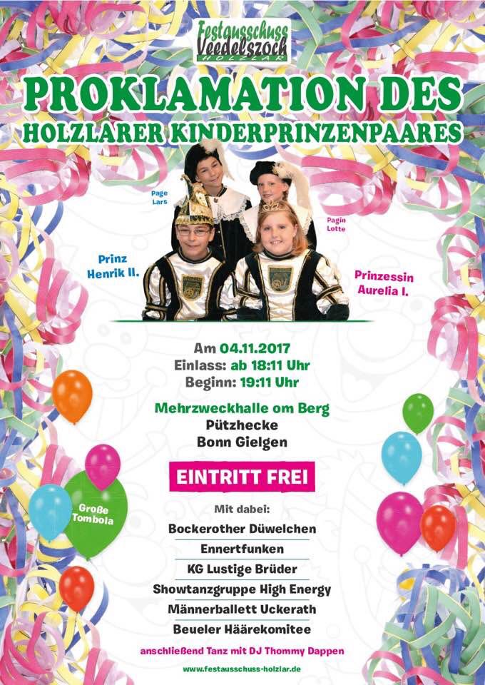 Herzliche Einladung zum Auftaktfest mit Proklamation des Kinderprinzenpaares Henrik II. und Aurelia I.